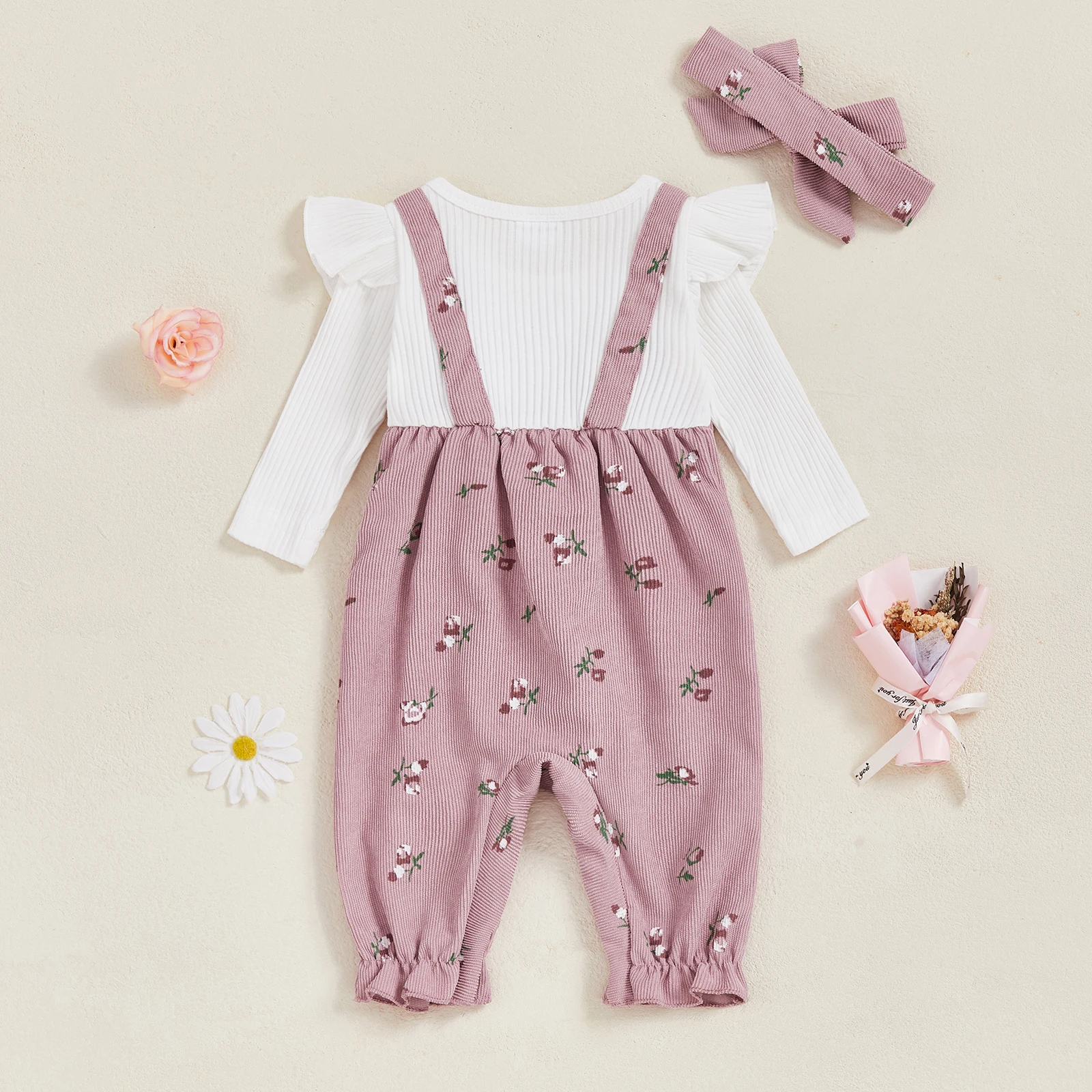 

Newborn Baby Girl Fall Clothes Corduroy Floral Bow Jumpsuits Ruffle Long Sleeve Outfit Infant Cute Romper