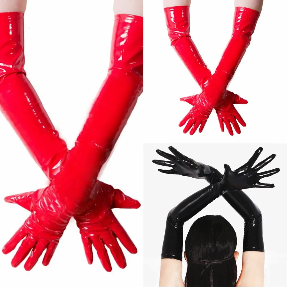 1 Pair Women Ladies Shiny Black Red PVC Long Gloves Clubwear Performance Costume Fashion