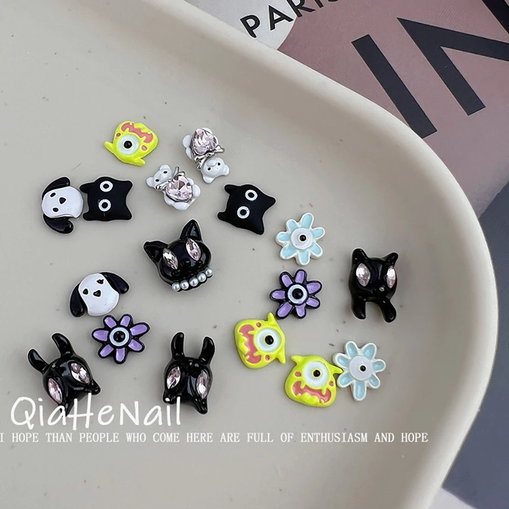 

10Pcs Funny Black Cat Nail Art Charm Metal Accessories 3D Cute Monster Puppy Diy Decoration Nail Art Rhinestone Decoration