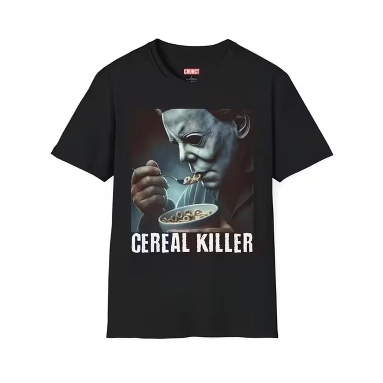 Halloween Cereal Killer Graphic T Shirt Masked Figure Eating Cereal With Bowl And Spoon Cereal Killer Chest Print Collar Tag Funny Horror Tee For Men Women