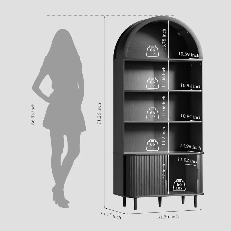 71 Tall Arched Bookshelf for Living Room Office: 5-Tier Modern Farmhouse Wood Bookcase with Adjustable Shelves, Sliding Doors, - view 2