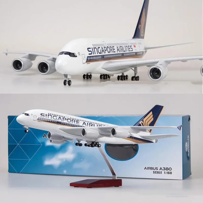 Modèle d'avion Airbus A380 Singapore Airline avec lumière et roue, avion en résine plastique moulé sous pression, jouet de collection, échelle 1/160, 50.5cm