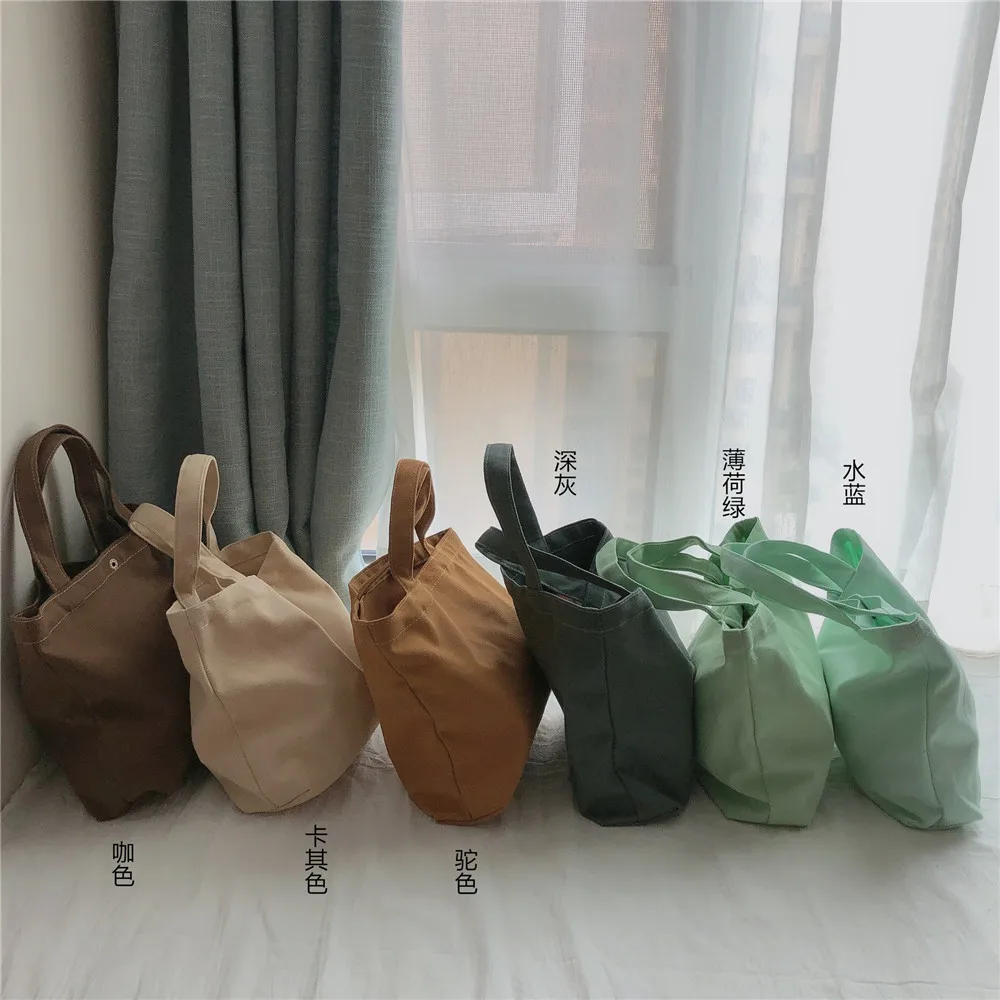 Fashion Canvas Bags Women Solid Color Shopping Bag Eco-Friendly Foldable Bag Grocery Bags Folding Pocket Tote Shoulder Handbag