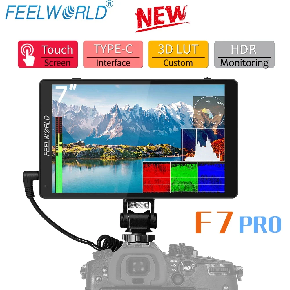 

FEELWORLD-F7 Pro On-Camera Field Director Monitor, 7 "IPS Touch Screen, 3D LUT DSLR, HDMI, 4K, 60Hz, HD with F970 External Power