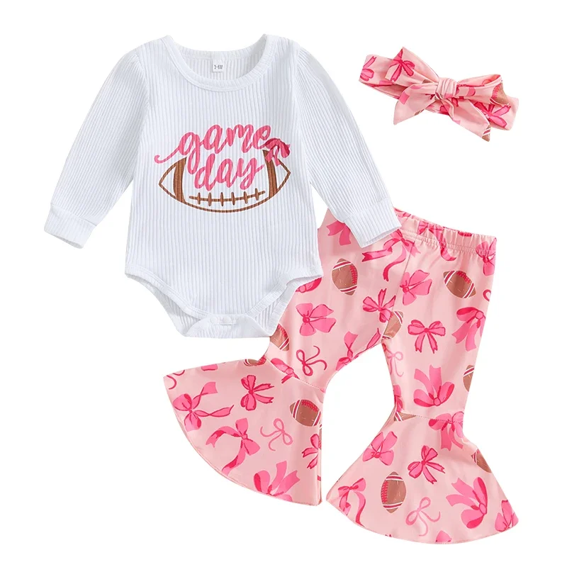 

Baby Girls Autumn Spring Outfit Long Sleeve Letters Print Romper with Bow Rugby Flare Pants and Headband Clothing Set