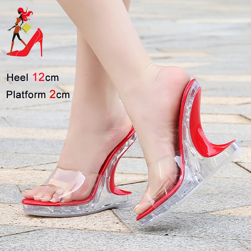 Women Summer Transparent Heel Slipper Platform High Heels 2024 New Outdoors Perspex Shoes 12CM Strange Style PVC Crystal Sandals