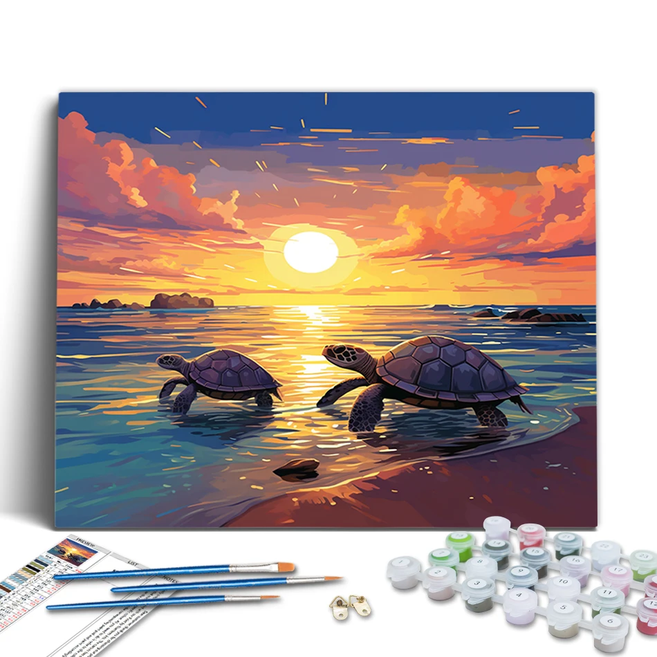 

RUOPOTY Paint By Numbers Landscape Paintings On Number Beach Sunset Turtle Handwork For Drawing Wall Art Picture Acrylic Paints