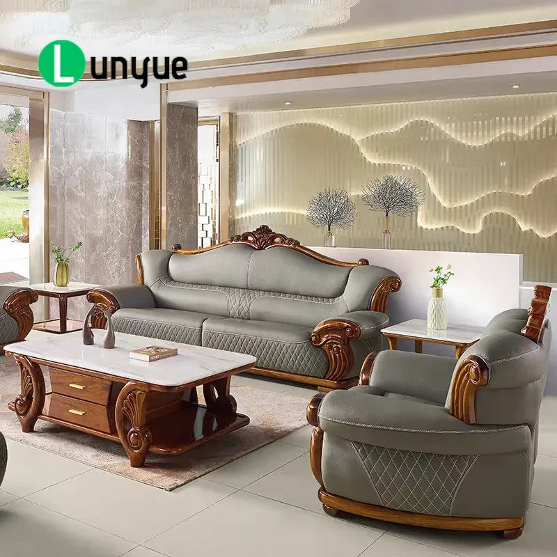 European Style First Layer Cowhide Sofa Large Modern Chinese Ebony Leather Combination Villa Furniture Comfortable Durable