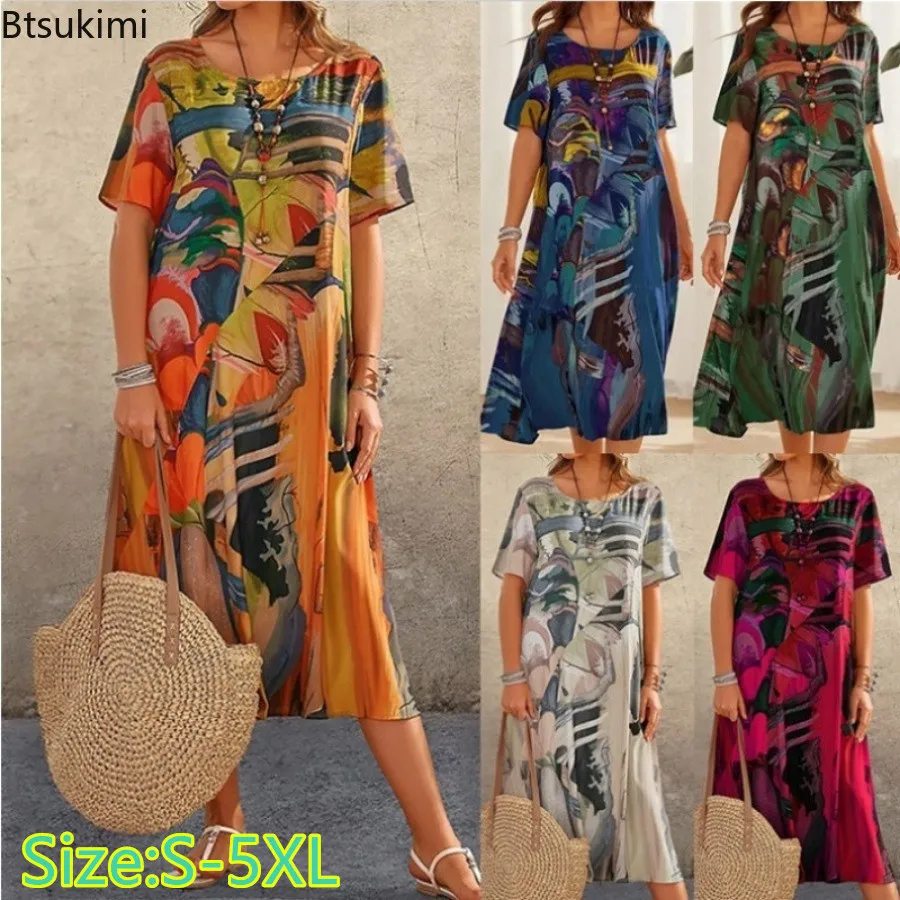 

Fashion Casual Full Art Print Dress for Women Bohemian Style Summer Short Sleeve O-neck Midi Dress Ladies Loose Holiday Vestidos