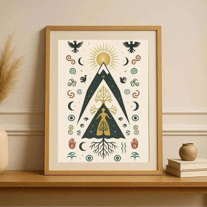 Turkish Anatolian Kilim Print Boho Sacred Symbol Poster Vintage Elibelinde Motif Canvas Art Mystical Tribal Geometric Wall Decor