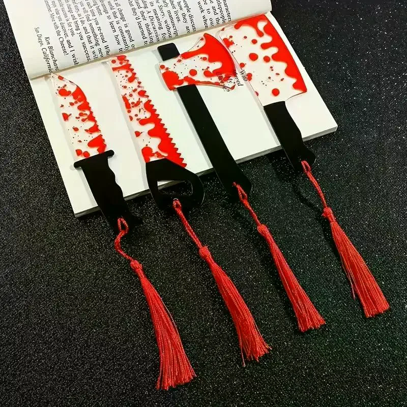/HTF/Knife Clear Acrylic Bookmark With Tassel, Halloween Themed Series Chopper Saw With Blood, Halloween For Bookworms Horror