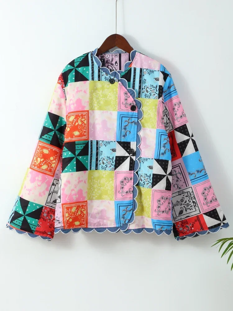 Vintage Patchwork Print Women\'s Loose Cotton Coats Fashion Ruffles Edge Long Sleeves Cropped Jackets Autumn Winter Lady Overcoat