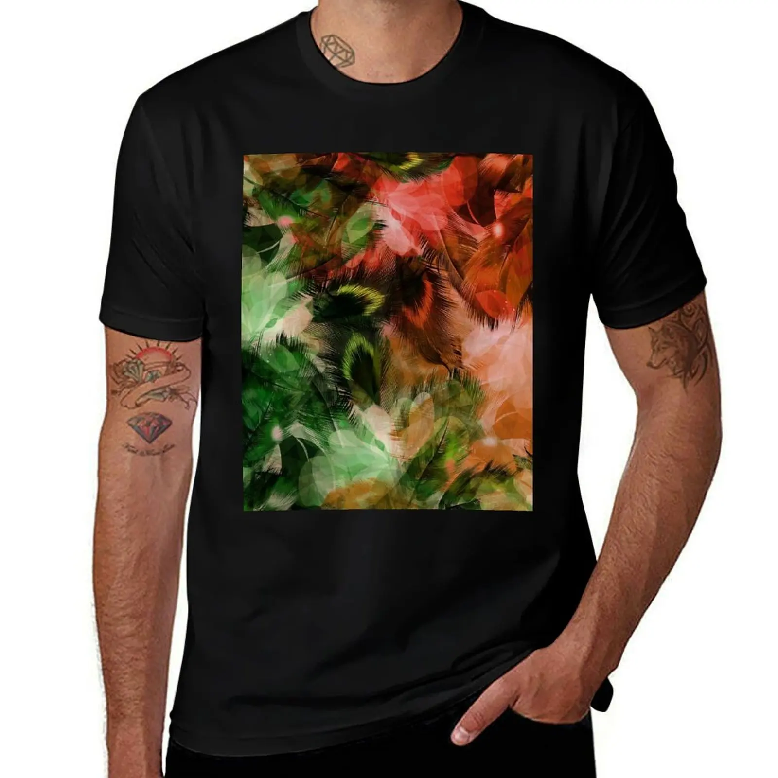 Green and Red Peacock Feather Pattern T-Shirt Basic Lightweight Short Sleeve Tee T-Shirt