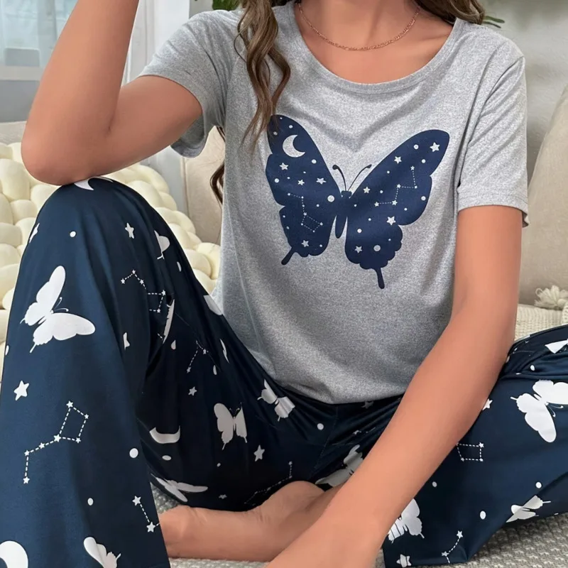 

Butterfly Graphic Short Sleeve Pjs Pajama Set Comfortable Home Wear Women Kawaii Animal Pijama Sleepwear Trousers Sets Female