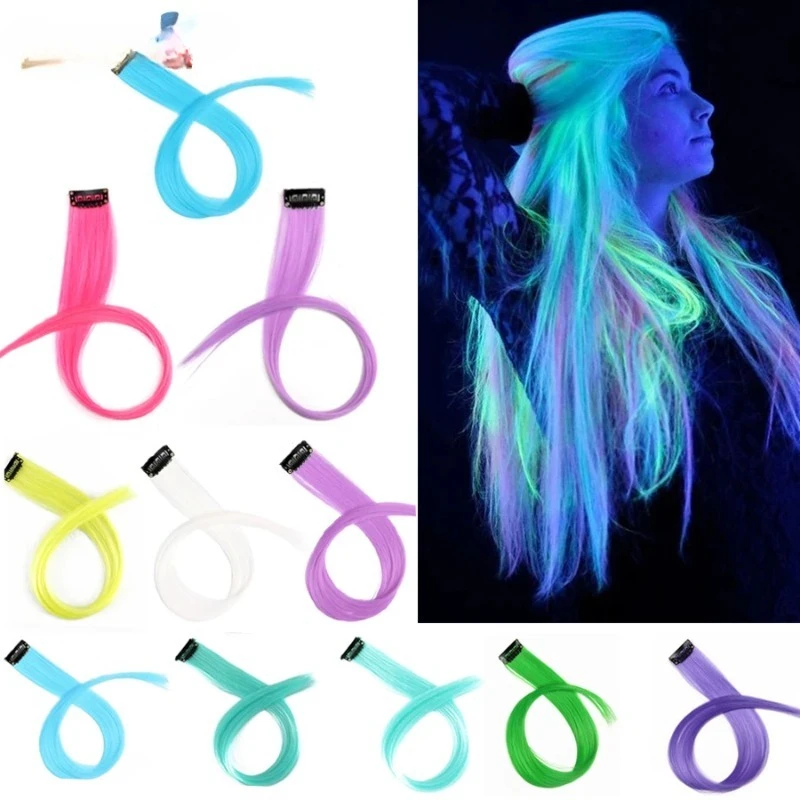 暗闇で光るシングルクリップヘア 20インチ レインボー合成エクステ プレクリップド耳毛 女性用 夜用