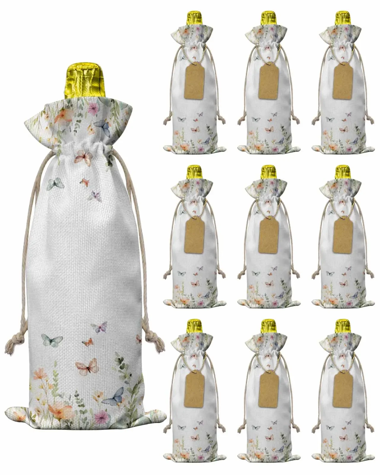 10pcs Butterfly Flower WatercolorWine Bottle Bag with Drawstring Festive Party Decor Wine Bottle Covers Gift