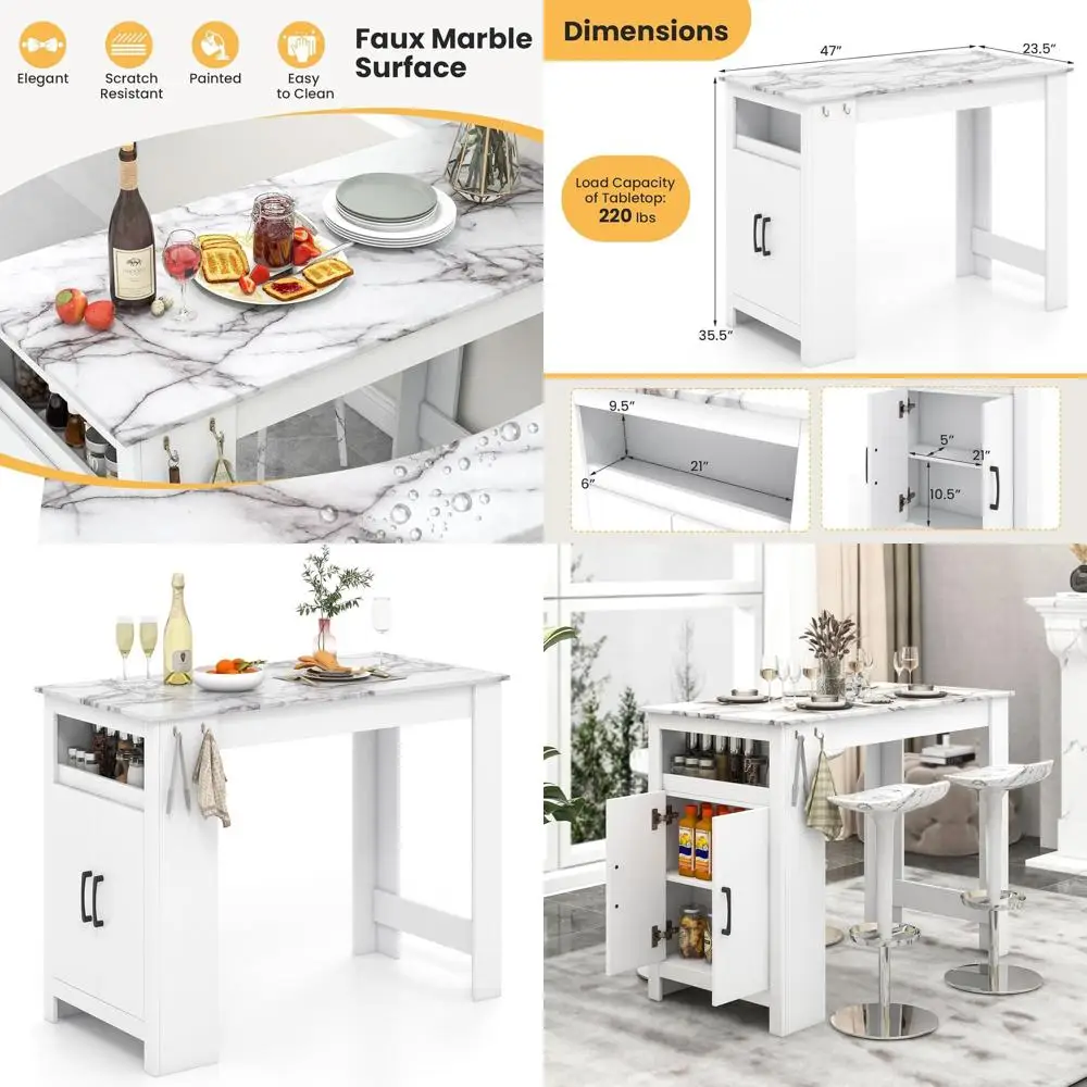 

White Marble Top Counter Height Table with 7 Hooks, Cabinet, and Adjustable Shelf for Small Spaces (47x23.5x35.5)
