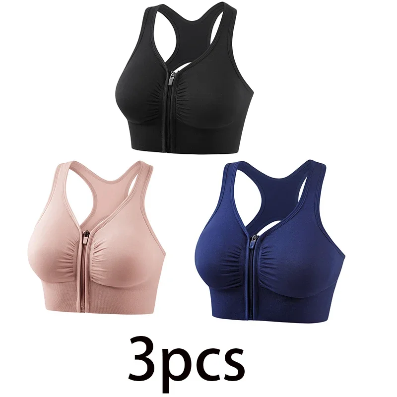 3PCS Women Zip Sports Bra Tank Plus Size Shockproof Gather Brassiere Female Yoga Running Fitness Bralette Women's Lingerie