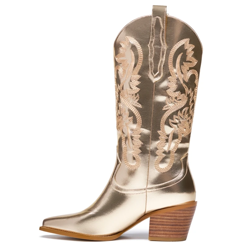 

Luxury Women's High Boots Winter Shoes Point Western Cowboy Knee High Boot Gold Wedge Heels Long Footwear Shoes Lady Large Size