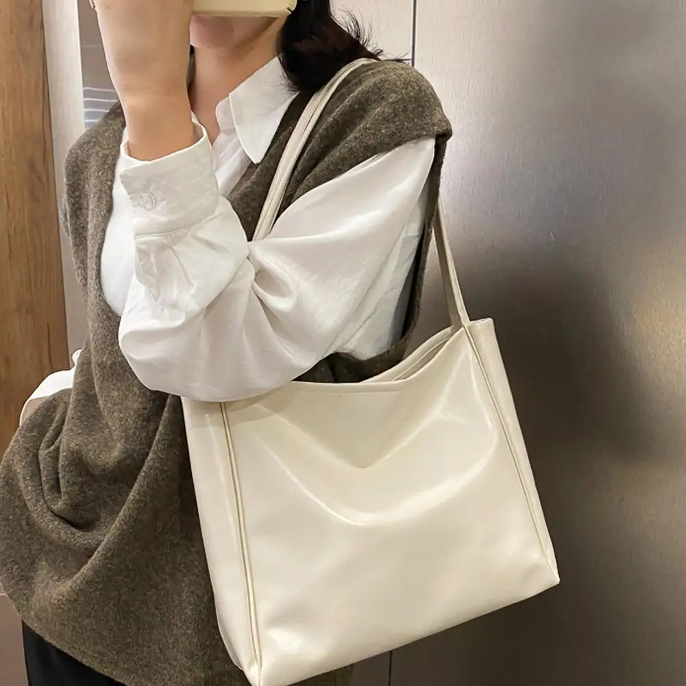 Female Big Soft Leather Satchel Bag Classic Solid Color Capacity Fashion Shoulder Tote Simple Shopper Casual Single Shoulder Bag