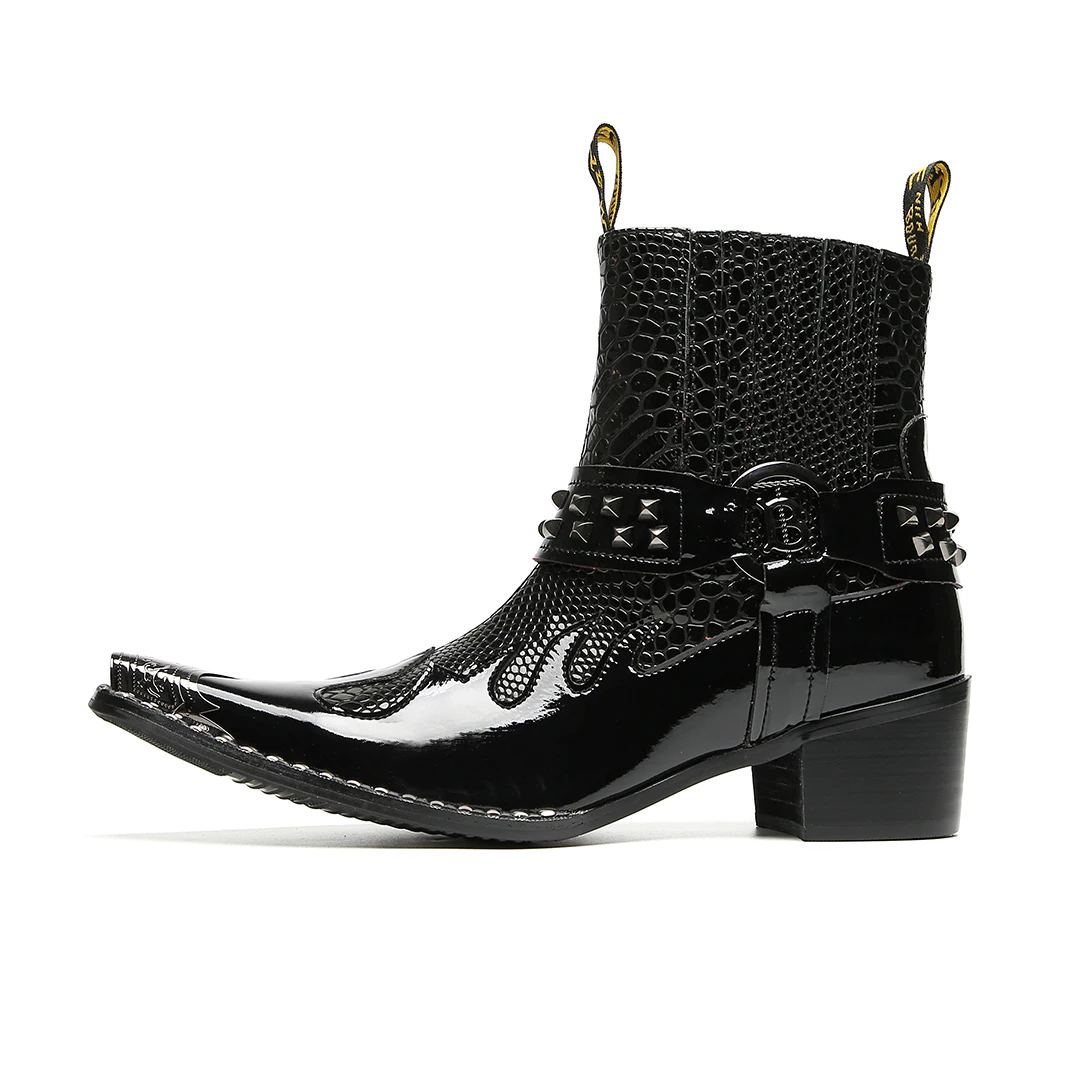 Schwarze Herren-Stiefeletten aus Schlangenleder mit Nietenbesatz, Blockabsatz, auffälliges Design, modische Schuhe für Bars, Bühnen, Streetwear und besondere Anlässe. – Detail 12