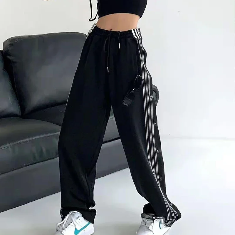 Y2K Streetwear Slit Wide Leg Pants Women Striped Buttons High Waist Straight Trousers Fashion Breasted Loose Black Sweatpants