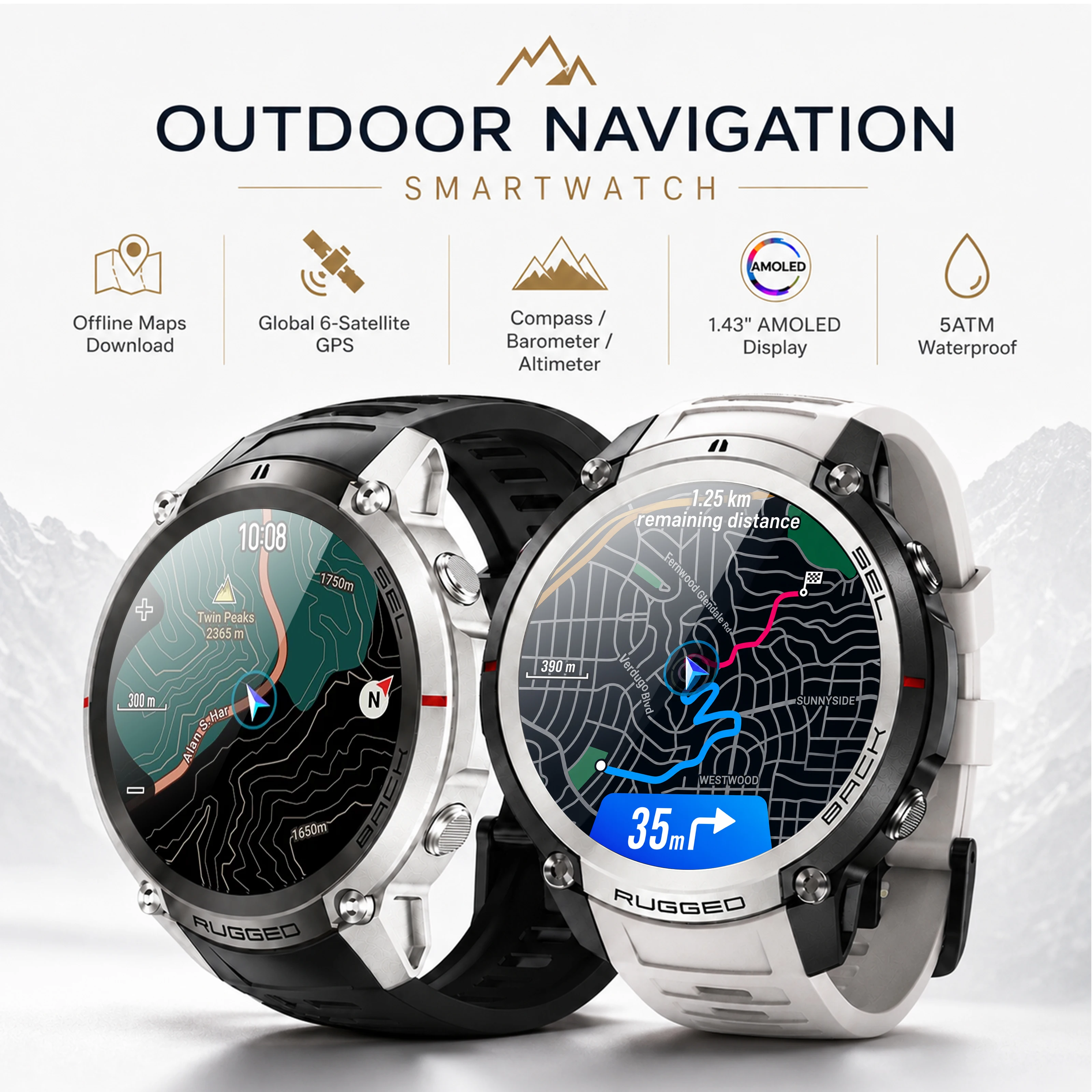 2026 Newly Upgraded GPS Offline Map Smart Watch 5ATM Waterproof Built-in AGPS AMOLED Screen Compass Altimeter Sports Smartwatch