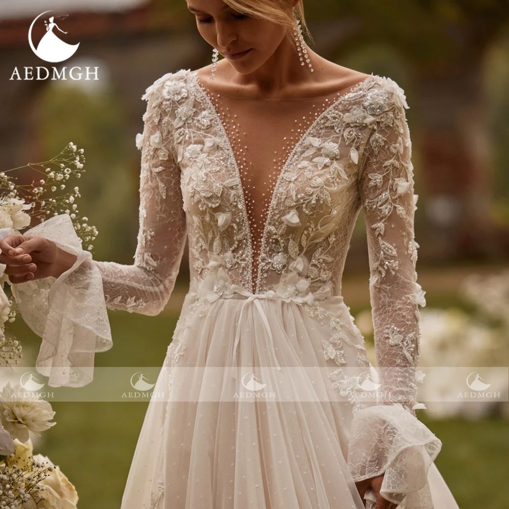 Aedmgh A-Line Wedding Dresses O-Neck Long Ruffles Sleeve Vestido De Novia Lace Beaded Appliques Tulle Custom Made Bridal Gown