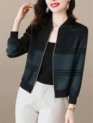 Fashion Silk Coats For Women Zip Outwear Stripe Jackets Coat Satin Woman Clothes Jacket O-neck Baseball Uniform Short Thin Coats