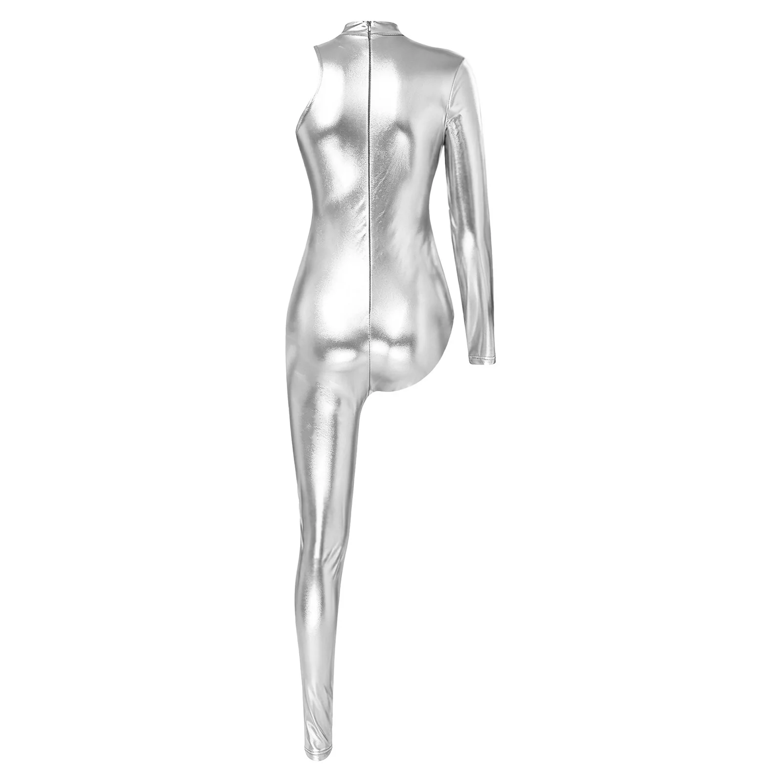 Womens Asymmetrical Metallic Jazz Jumpsuit Single Long Sleeve Shiny Glossy Clubwear for Night Club and Rave Party Pole Dancing