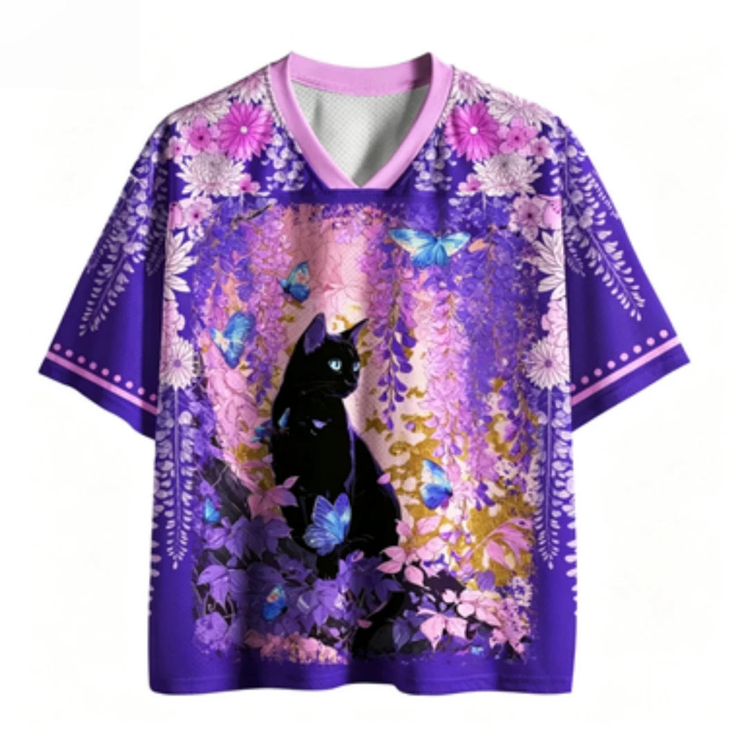 3D Printed Japanese Wisteria Black Cat T-shirt Breathable Mesh V-neck Short Sleeved Purple Pink Butterfly Retro Top