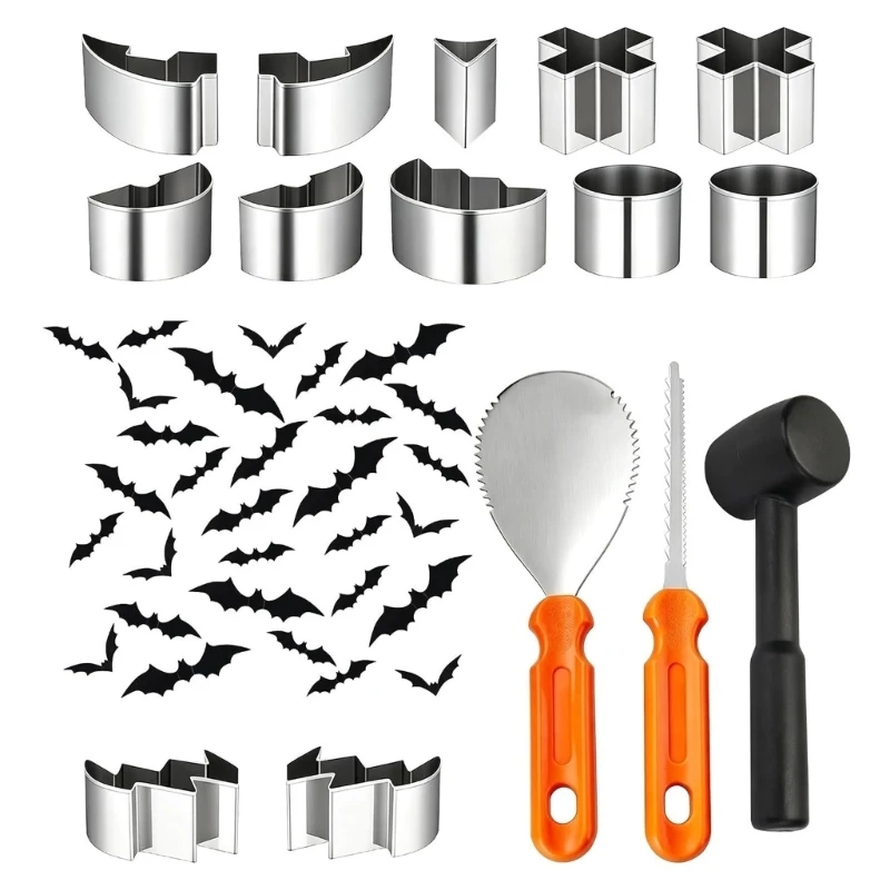 51-Piece Halloween Carving and Decorating Set with Assorted Tools, Punches and Strong-Adhesive 3D Bat Stickers for a 24BB