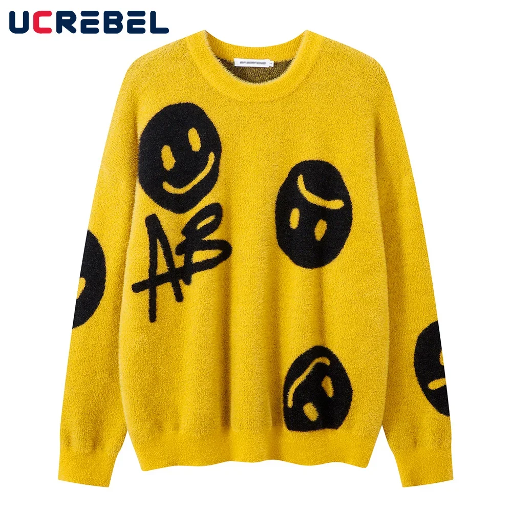 

Jacquard Smiley Letter Sweater Mens High Street Autumn Winter Crew Neck Long Sleeve Knitted Pullover Men