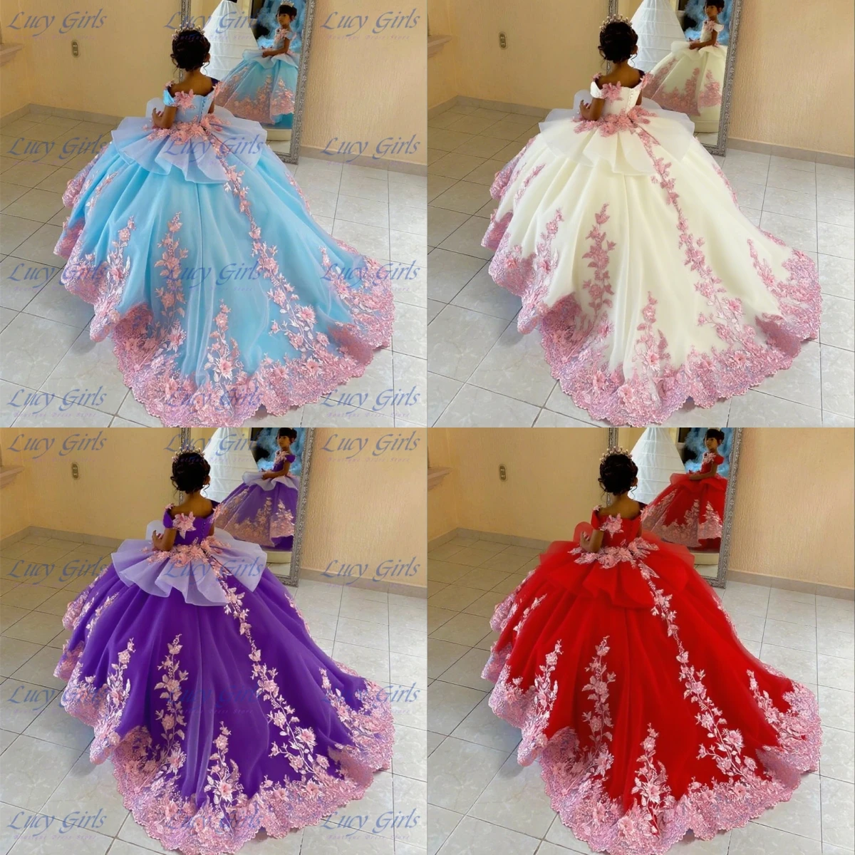 

Luxurious Flowers Girl Dress Puffy Quality pink Flowers Applique For Kids Wedding Birthday Beauty Pageant Party Evening Gowns