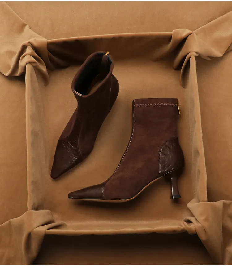 

SHOEBOX Genuine Leather Panel-Design Stiletto High Heels for Women – 2025 Winter Plush-Lined Pointed-Toe Elastic Ankle Boots