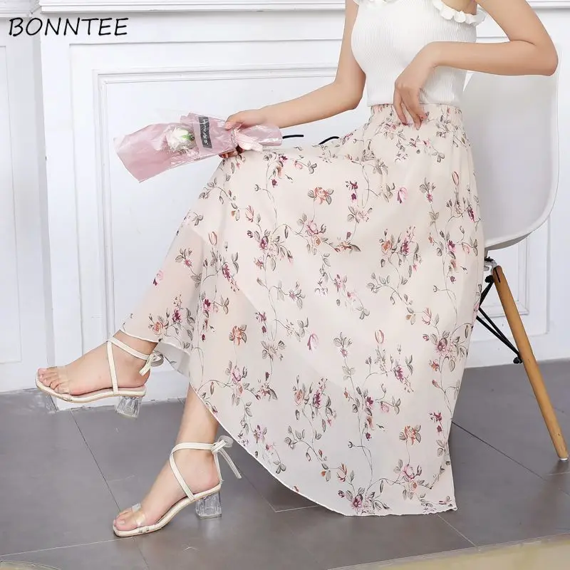 

Skirts Women Flowers Folds Simple Elegant Charming Attractive Age-reducing All-match Korean Style Sweet Vintage Ladies Fashion