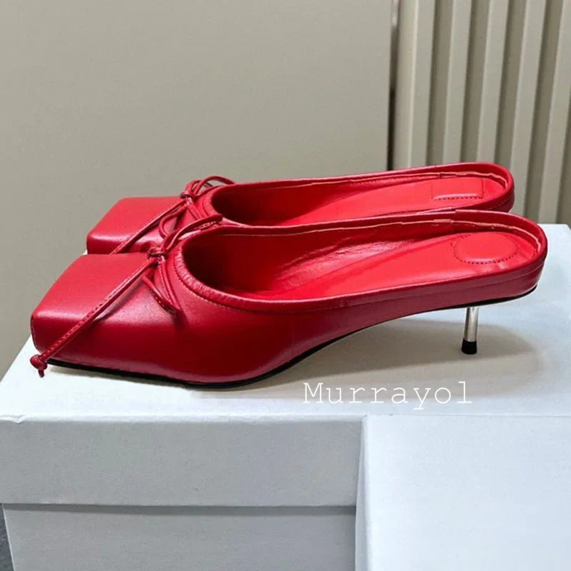 Nuove punta quadrata punta chiusa pantofole con tacco basso donna vera pelle con nodo a farfalla sandali eleganti scarpe estive pompe muli