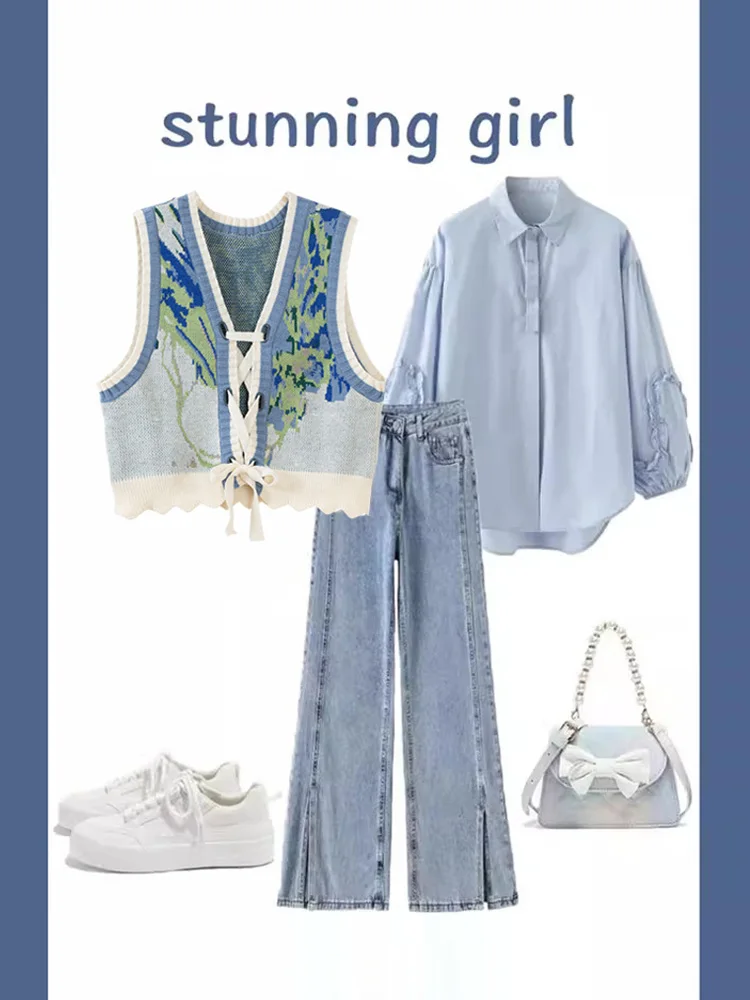 

Женский комплект из футболки Autumn Faion Long Sve irt, узкие джинсы, жилет для колледжа, элитная повседневная одежда