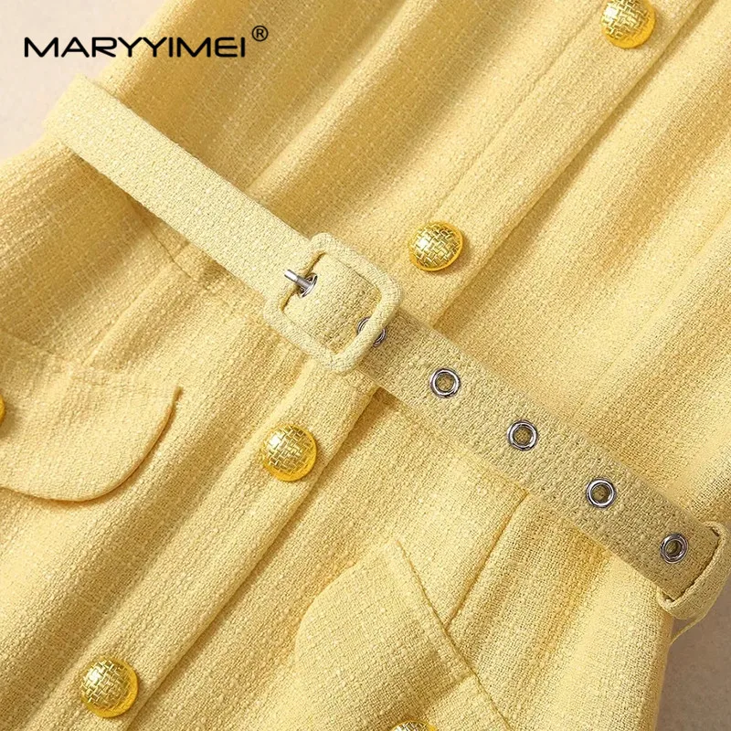 MARYYIMEI Spring Summer Women\'s Dress Short Sleeved Single-Breasted High Waiste Lace-Up Commuter Solid Color Dresses