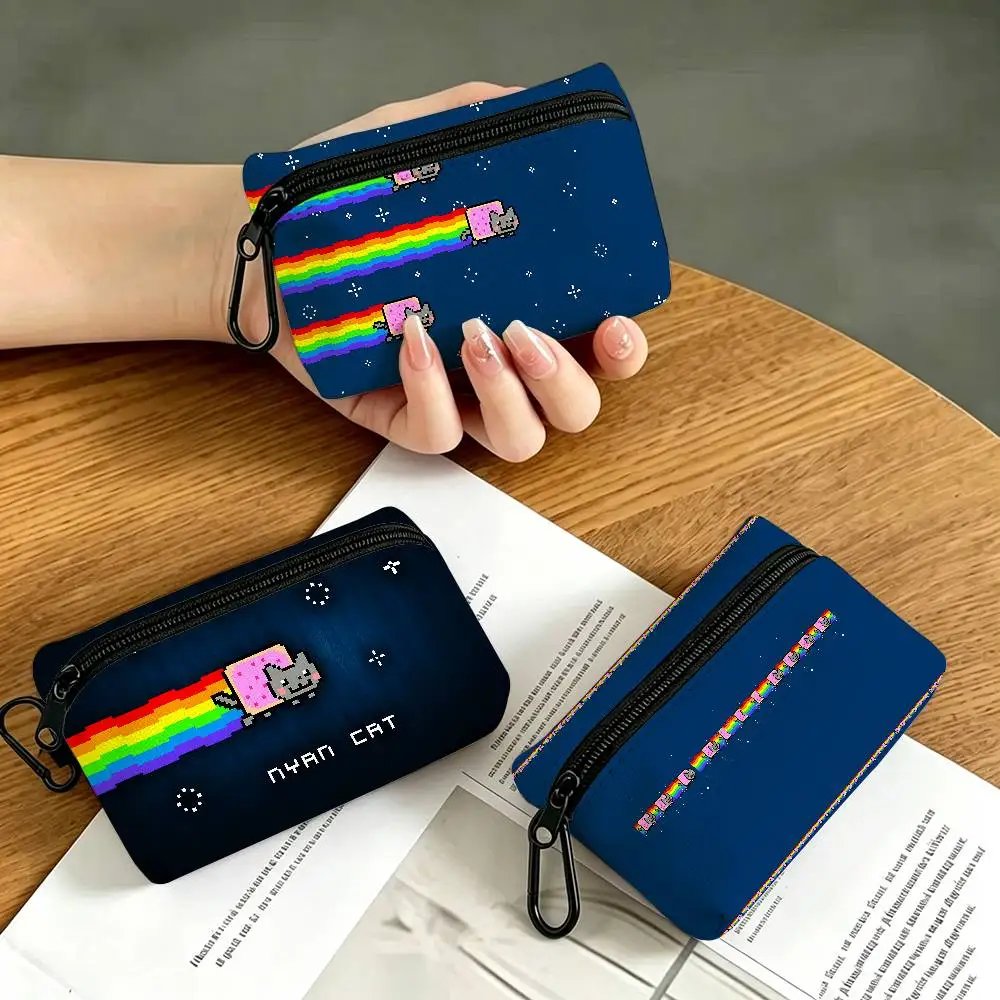 Cartoon N-Nyan Cats Portable Oxford Fabric Mini Wallet Carabiner Design Small Coin Bag For Cards Keys Earphones