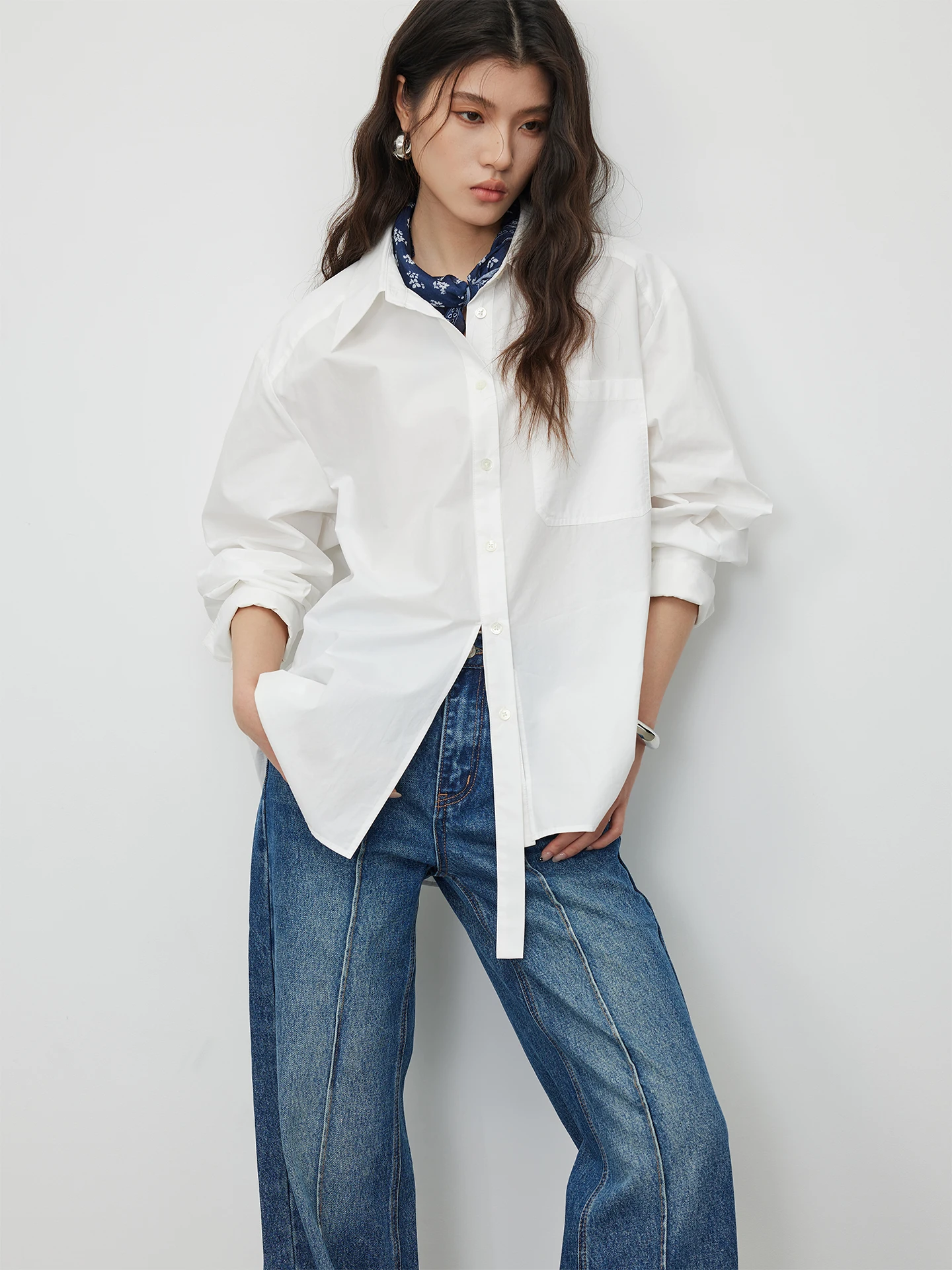 

KEARA White Long Sve Women's irt Spring 2026 New Design Sense Drifting Bandeau Open Cardigan Top Korean Sle Loose Fit