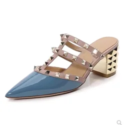 Women Leather Med Heels Shoes Electroplated Gold Stable Slides Pointy Toe Rivets Stud Mixed Colors Slippers Fashionable 33-42 26