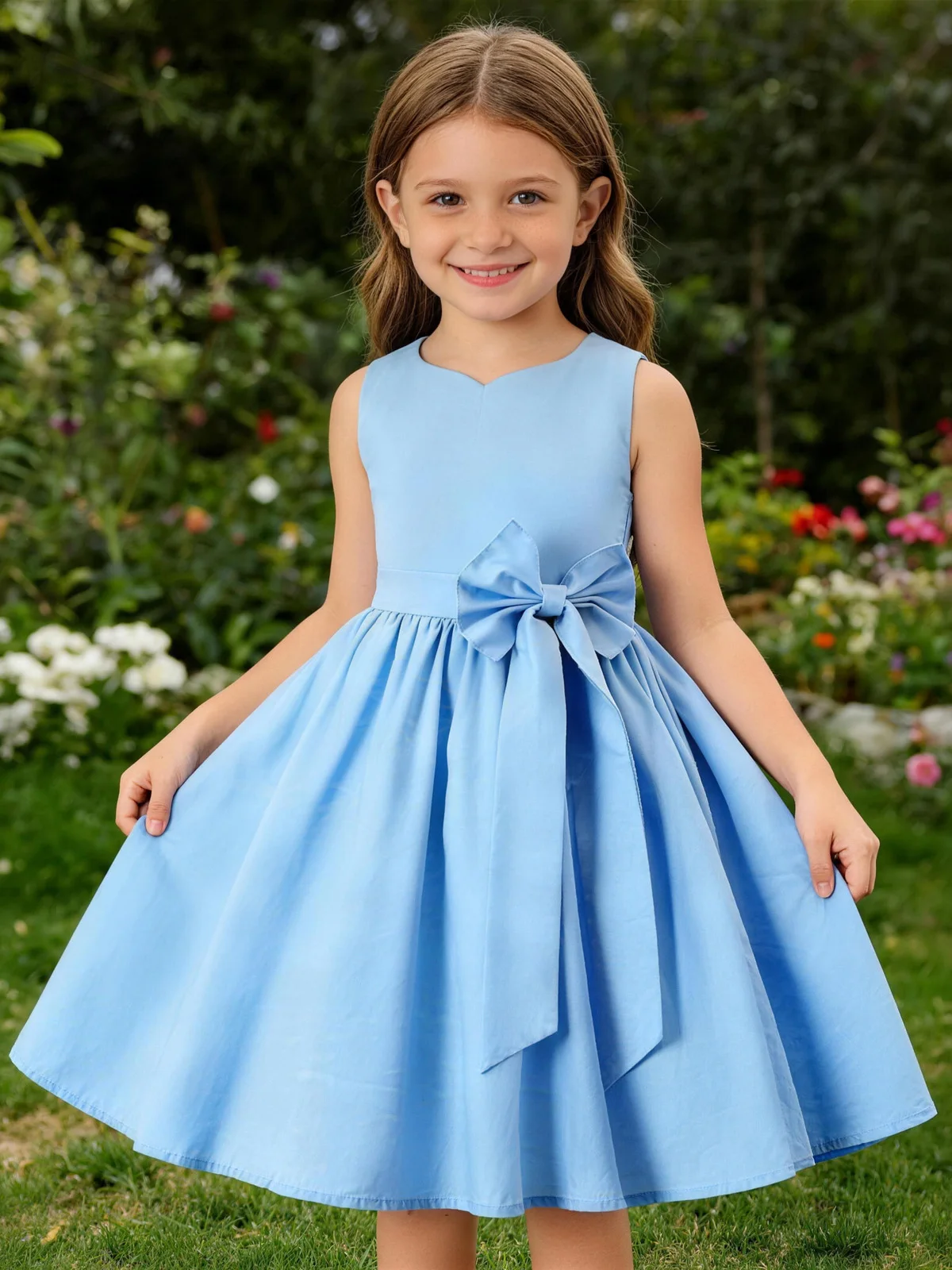 

Платье Tonval с бантом, высокой талией, плиссированное, винтажное, однотонное, для девочек, повседневное, летнее, без рукавов, для дня рождения, милое