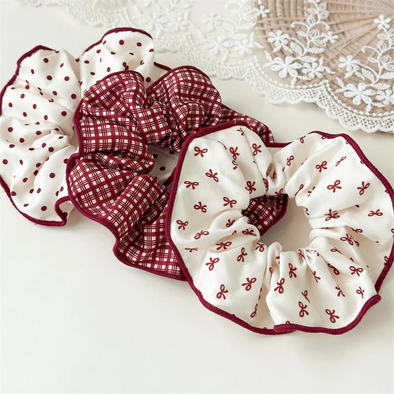 Red Series Polka Dot Checkered Pattern Bow Ruffled Hair Band High Onytail Rubber Band Hair Band Sweet and Cute Hair Accessory
