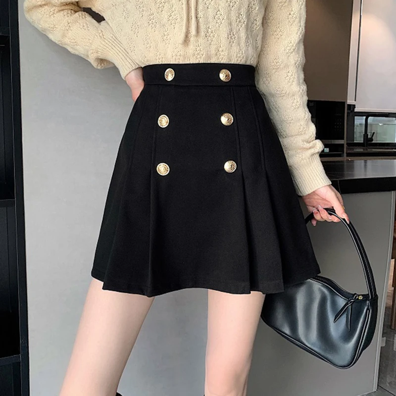 

French High Waist Button Skirt Women's Fashion Pleated Double Breasted Woman Skirt Casual Simple Black A-Line Skirts Female 2023