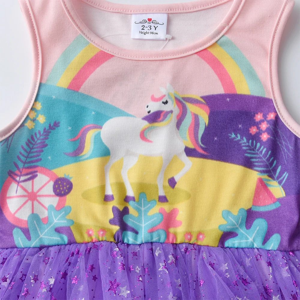 DXTON New Kids Princess Dress Sleeveless Toddler Cotton Clothing Licorne Rainbow Plants Printed Summer Holiday Children Dresses