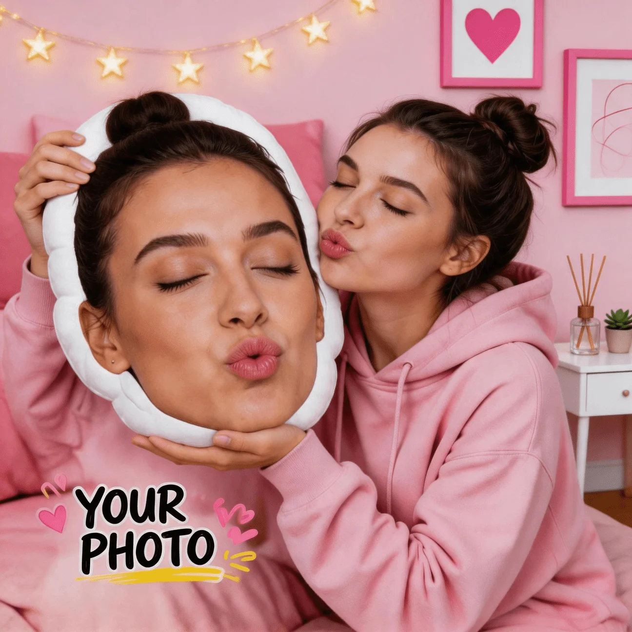 Personalized Photo Custom Photo Cushion with Your Own Picture & I Love You Face - Large Pink Tone Pillow Suitable for Sofa Bed D