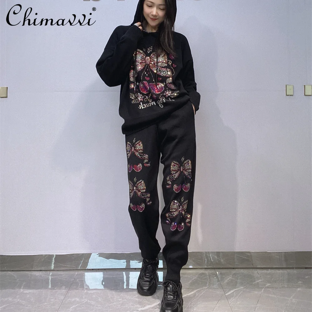 

Тяжелый модный вязаный комплект, женский осенний топ с капюшоном и длинными рукавами + длинные брюки с эластичной резинкой на талии, комплект из двух предметов со стразами большего размера