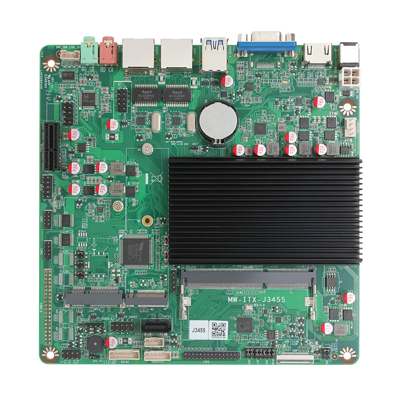 Процессор Intel Apollo Lake J3455, TDP 10 Вт, 2 порта Gigabit LAN (чип RTL8111), выходы HDMI + VGA + LVDS/EDP, 1 слот DDR3 для памяти