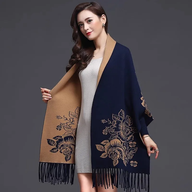 

High End Cape Style Shawl NEW Autumn Winter Loose Tassel Knit Cardigan Jacket Women Double Sided Jacquard Long Knit Shawl Coat